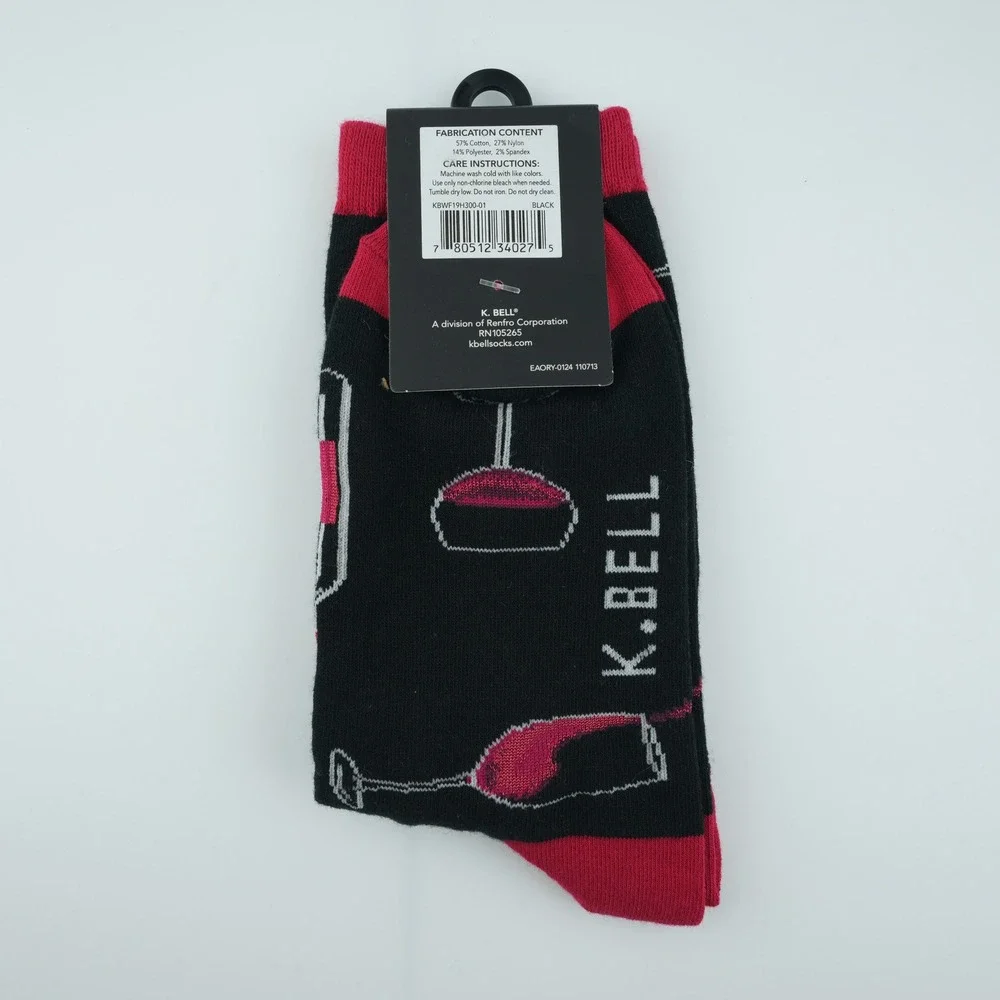 K.Bell Fifty Sips Of Red Crew Socks Womens 9-11 Black Red Wine Glass Novelty